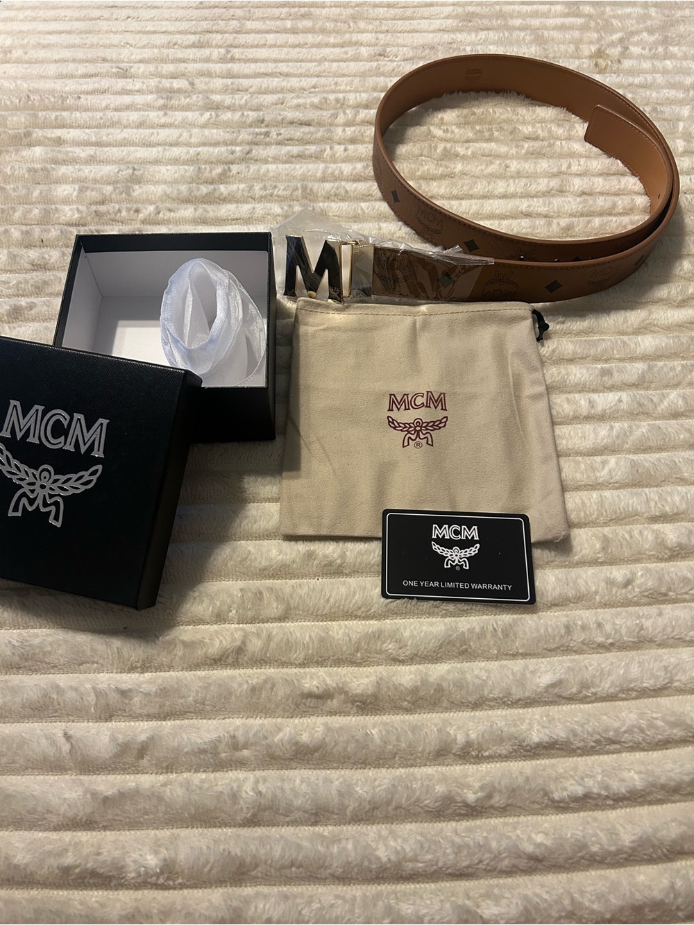 MCM Cognac Monogram Leather Belt with Gold Buckle